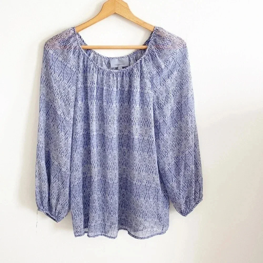 CLASSIQUES ENTIER 100% silk peasant boho sheer blouson sleeve printed blue top